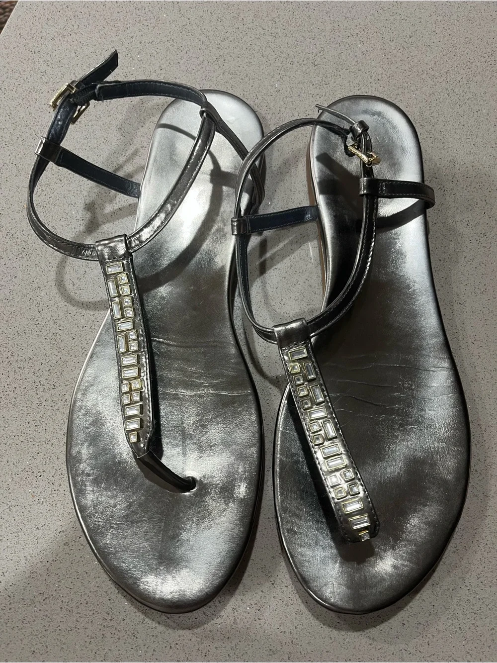 Cole Haan Metallic Silver/Pewter T-Strap Sandals with Crystal Accents